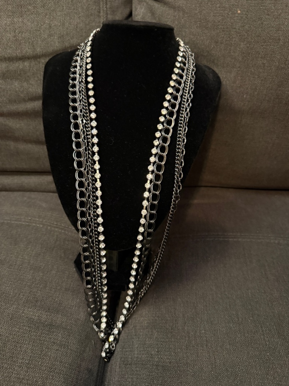 Lia Sophia Gunmetal Multi-Chain Necklace with Clear Rhinestones